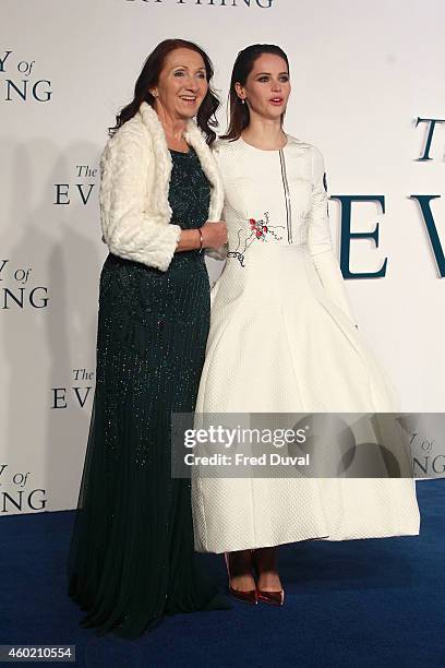 Felicity Jones and Jane Hawking attends the UK Premiere of "The Theory Of Everything" at Odeon Leicester Square on December 9, 2014 in London,...