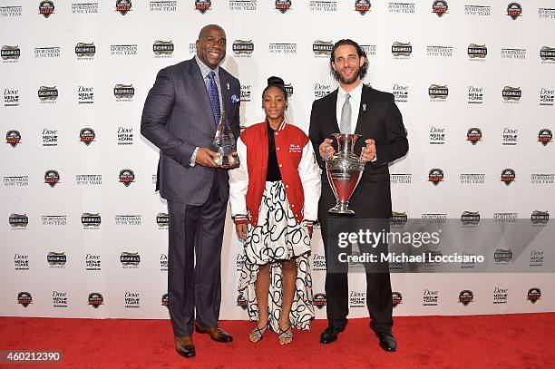 Magic Johnson, Mo'ne Davis and Madison Bumgarner attend the Sportsman Of The Year 2014 Ceremony on December 9, 2014 in New York City.