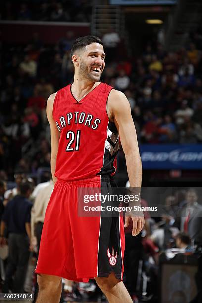 Greivis Vasquez of the Toronto Raptors smiles during the game against the Cleveland Cavaliers on December 9, 2014 at The Quicken Loans Arena in...