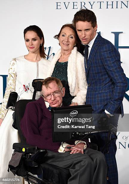 Felicity Jones, Professor Stephen Hawking, Jane Hawking and Eddie Redmayne attend the UK Premiere of "The Theory Of Everything" at Odeon Leicester...