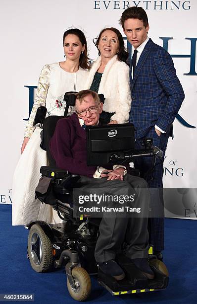 Felicity Jones, Professor Stephen Hawking, Jane Hawking and Eddie Redmayne attend the UK Premiere of "The Theory Of Everything" at Odeon Leicester...
