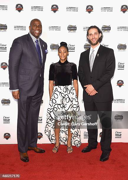 Event honorees Earvin 'Magic' Johnson, Mo'Ne Davis and Madison Bumgarner attend the 2014 Sports Illustrated Sportsman of the Year award presentation...