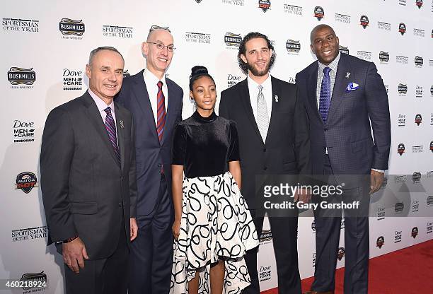Rob Manfred, Adam Silver, Mo'ne Davis, Madison Bumgarner and Magic Johnson attend the 2014 Sports Illustrated Sportsman of the Year award...