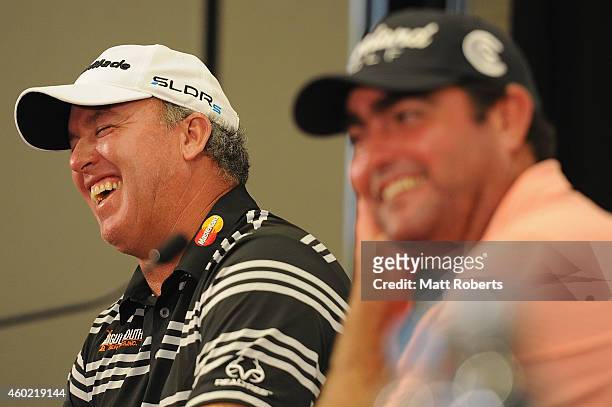Boo Weekley of the United States shares a laugh with Steven Bowditch of Australia duting a press conference ahead of the 2014 Australian PGA...