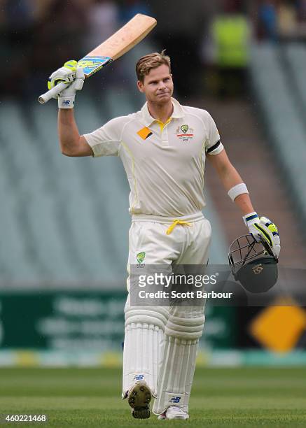 Steven Smith of Australia celebrates his century during day two of the First Test match between Australia and India at Adelaide Oval on December 10,...