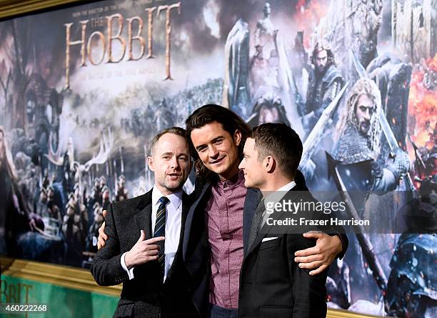 Actors Billy Boyd, Orlando Bloom and Elijah Wood attend the premiere of New Line Cinema, MGM Pictures And Warner Bros. Pictures' "The Hobbit: The...