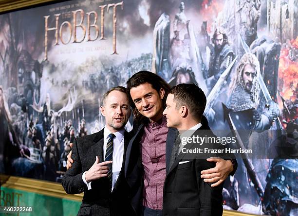 Actors Billy Boyd, Orlando Bloom and Elijah Wood attend the premiere of New Line Cinema, MGM Pictures And Warner Bros. Pictures' "The Hobbit: The...