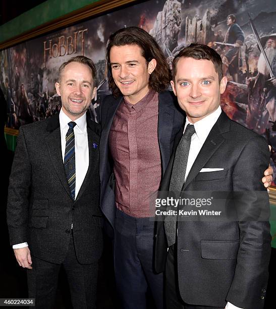 Actors Billy Boyd, Orlando Bloom and Elijah Wood attend the premiere of New Line Cinema, MGM Pictures and Warner Bros. Pictures' "The Hobbit: The...