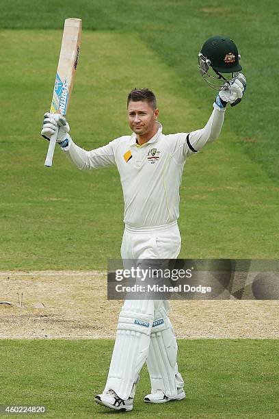 Michael Clarke of Australia celebrates his century during day two of the First Test match between Australia and India at Adelaide Oval on December...