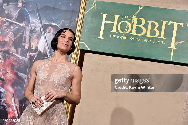 Actress Evangeline Lilly attends the premiere of New Line Cinema, MGM Pictures and Warner Bros. Pictures' "The Hobbit: The Battle of the Five Armies"...