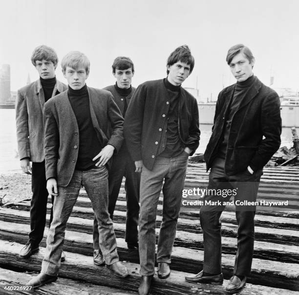 English rock and roll group The Rolling Stones by the river Thames in London, UK, 4th May 1963. Left to right: Mick Jagger, Brian Jones , Bill Wyman,...