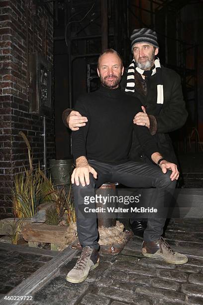 Musician Sting with Jimmy Nail onstage after his first performance in 'The Last Ship' at the Neil Simon Theatre on December 9, 2014 in New York City.