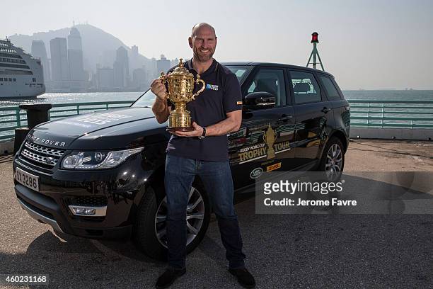 Rugby World Cup 2003 winner and Land Rover Ambassador, Lawrence Dallaglio takes the Webb Ellis Cup to Victoria Harbour in Hong Kong as part of Land...