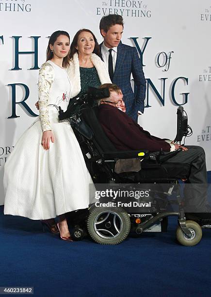 Felicity Jones, Jane Hawking, Stephen Hawking and Eddie Redmayne attends the UK Premiere of "The Theory Of Everything" at Odeon Leicester Square on...