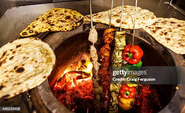 Assorted food in a tandoor oven in an Indian restaurant.