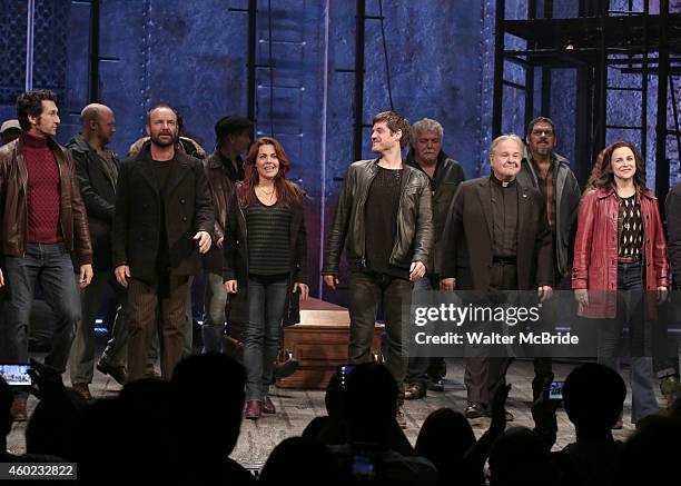 Musician Sting with Aaron Lazar, Rachel Tucker, Michael Esper, Fred Applegate, Sally Ann Triplett and the cast in his first performance curtain call...