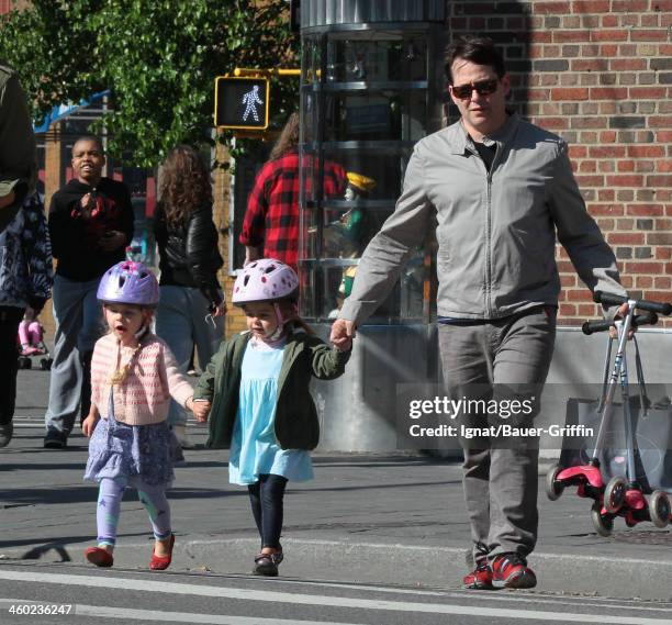 Matthew Broderick with daughters, Marion Loretta Broderick and Tabitha Broderick are seen on May 14, 2013 in New York City.