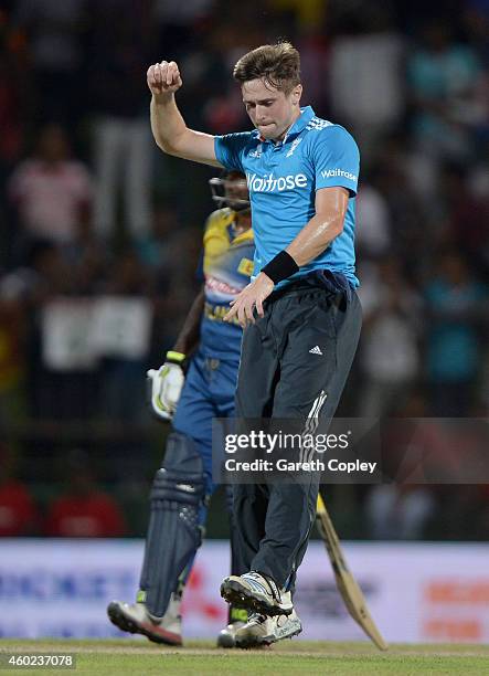 Chris Woakes of England celebrates dismissing Ajantha Mendis of Sri Lanka during the 5th One Day International between Sri Lanka and England at...