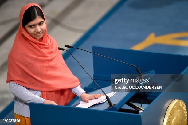 Nobel Peace Prize laureates Malala Yousafzai delivers her speech during the Nobel Peace Prize awarding ceremony at the City Hall in Oslo on December...