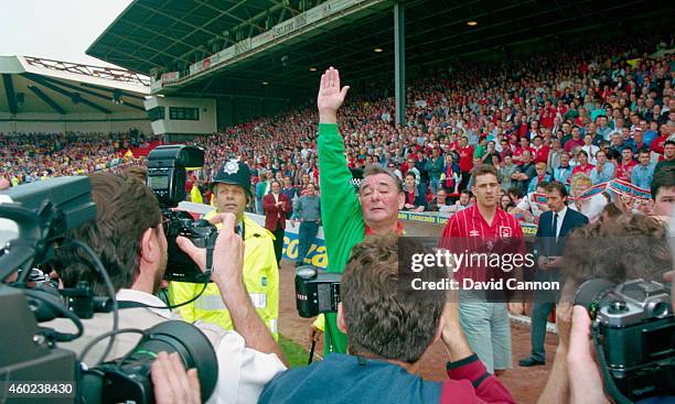 Nottingham Forest mananger Brian Clough waves to the crowd for the last time as Forest mananger after a 2-0 defeat by Sheffield United condemned...