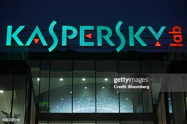 Logo sits illuminated at night above the headquarters of Kaspersky Lab, a cyber-security firm, in Moscow, Russia, on Tuesday, Dec. 9, 2014. "Hackers...