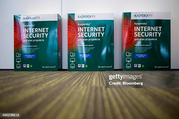 Internet security software products sit at the headquarters of Kaspersky Lab, a cyber-security firm, in Moscow, Russia, on Tuesday, Dec. 9, 2014....