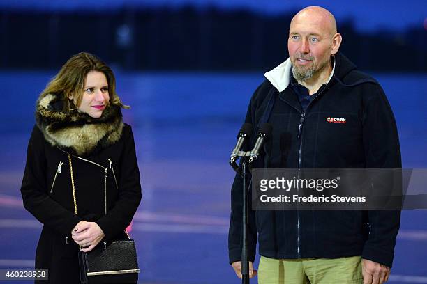 Former hostage, Serge Lazarevic who was welcomed by French President Francois Hollande speaks to the media as his daughter Diane looks on after...