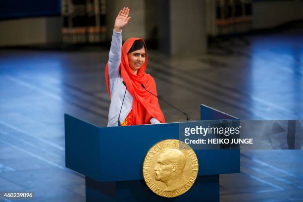 Nobel Peace Prize laureate Malala Yousafzai gives a speech during the Nobel Peace Prize awards ceremony at the City Hall in Oslo, Norway, on December...