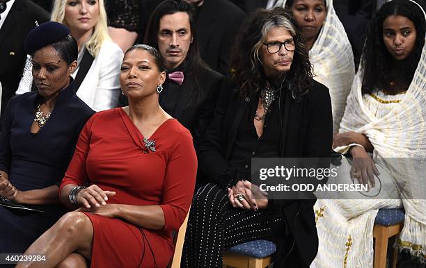 Actress and singer Queen Latifah , singer of US band Aerosmith Steven Tyler attend the Nobel Peace Prize awarding ceremony at the City Hall in Oslo...