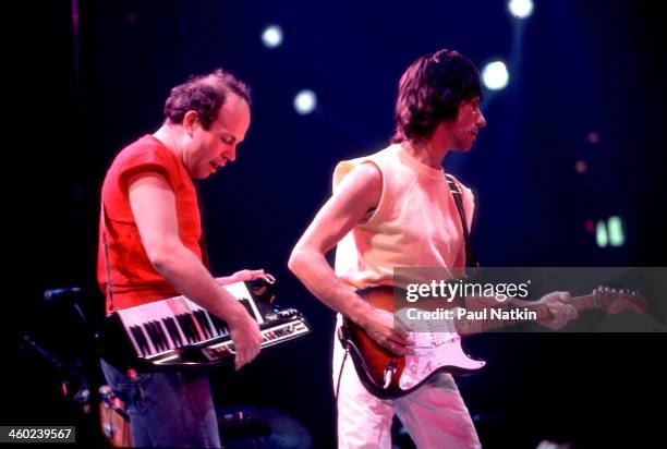 Musicians Jan Hammer and Jeff Beck perform on stage during an ARMS Charity Concert, Dallas, Texas, November 27, 1983.