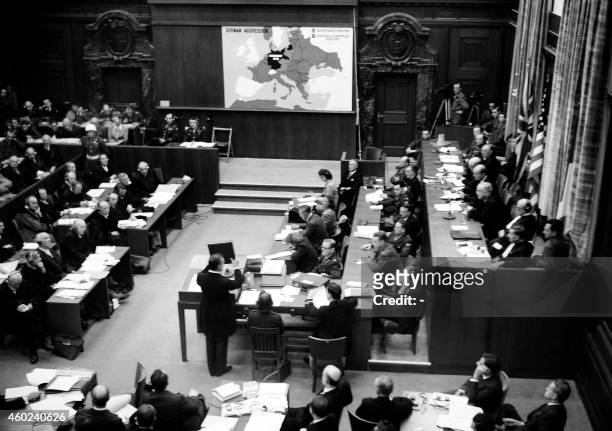 Vue générale de la salle d'audience du tribunal militaire international de Nuremberg, prise en novembre 1945 lors du procès des responsables nazis...