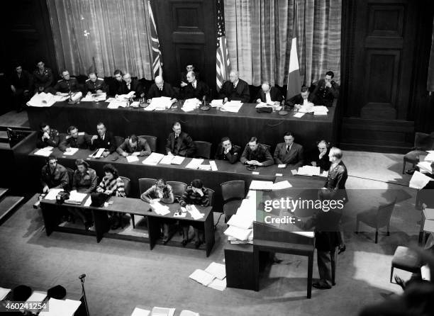 View of the judges bench in Nuremberg International Military Tribunal court taken in November 1945, during the war crimes trial of nazi leaders...