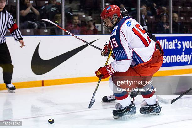 Georgi Ivanov of Russia moves the puck against Canada Black during the World Under-17 Hockey Challenge on November 2, 2014 at the RBC Centre in...