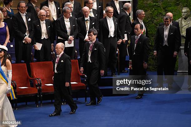 Professor Isamu Akasaki, Professor Hiroshi Amano and Professor Shuji Nakamura, laureates of the Nobel Prize in Physics seen on stage at the Nobel...