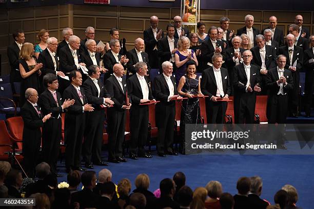 The laureates of the Nobel Prize 2014 seen on stage at the Nobel Prize Awards Ceremony at Concert Hall on December 10, 2014 in Stockholm, Sweden.