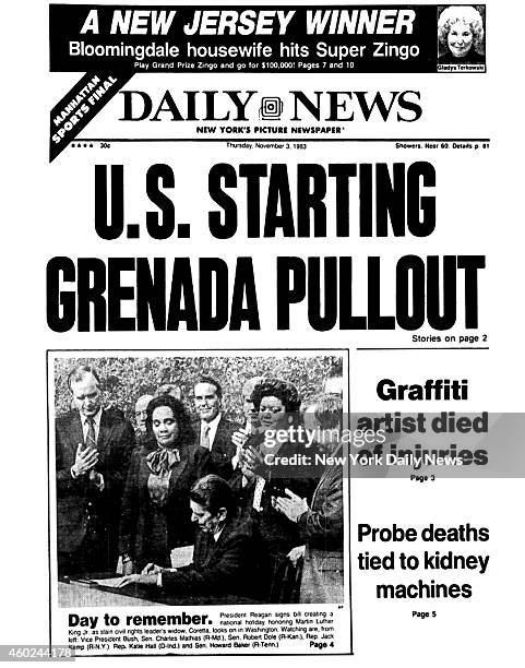 Daily News front page November 3 Headline: U.S. STARTING GRENADA PULLOUT - Graffiti artist died of injuries, Michael Stewart