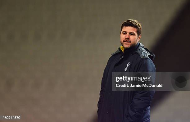 Mauricio Pochettino manager of Spurs looks on during a Tottenham Hotspur training session, ahead of the UEFA Europa League Group C match, against...