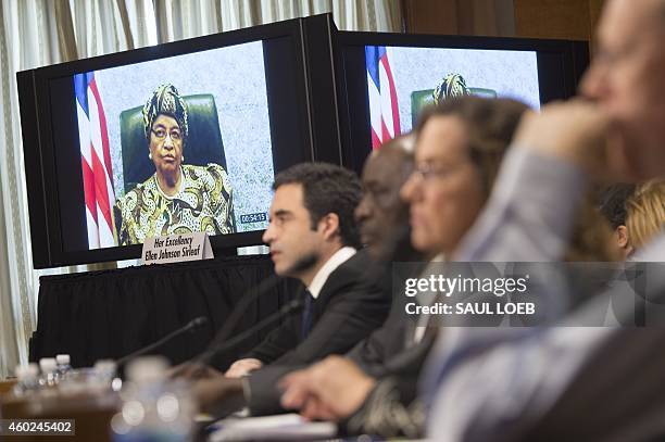 President Ellen Johnson Sirleaf of Liberia speaks via video on the international reponse to the ebola crisis during a Senate Foreign Relations...