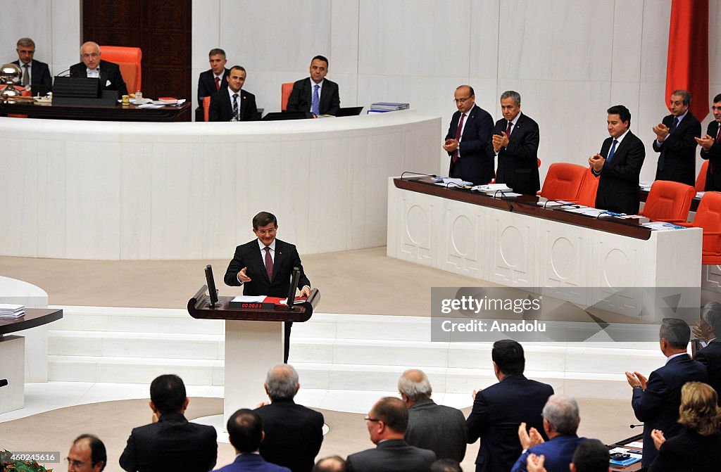 Turkish PM Davutoglu speaks during budget discussions at Turkish Assembly