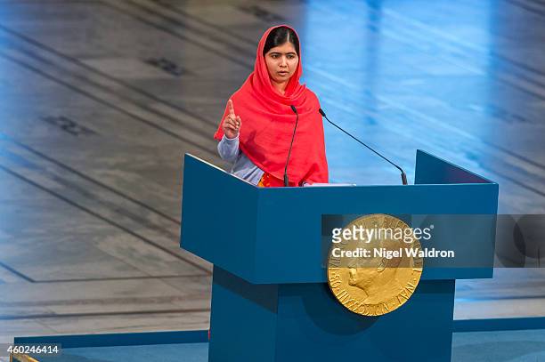 Malala Yousafzai delivers her acceptance speech during the Nobel Peace Prize ceremony at Oslo City Town Hall on December 10, 2014 in Oslo, Norway.