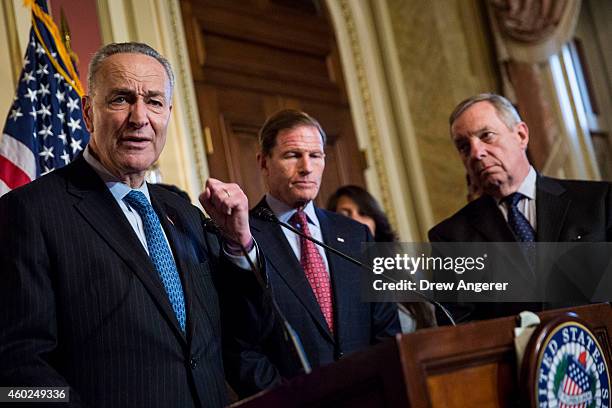 Sen. Charles Schumer speaks as Sen. Richard Blumenthal and Sen. Dick Durbin look on during a news conference to discuss U.S. President Barack Obama's...