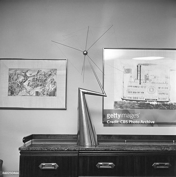 Photographic record of CBS commissioned art work in different offices of the new CBS headquarters building, "Black Rock." On table top, a sculpture,...