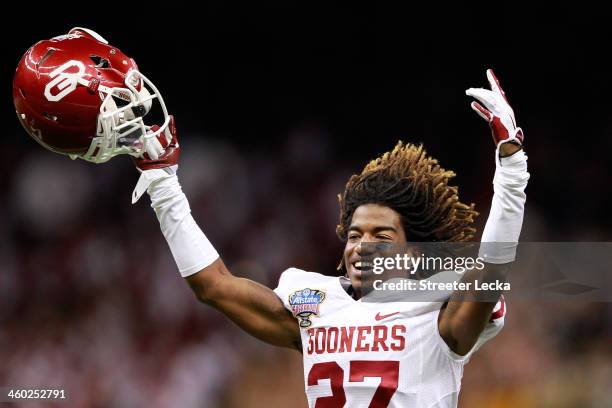 Dakota Austin of the Oklahoma Sooners celebrates after defeating the Alabama Crimson Tide 45-31 during the Allstate Sugar Bowl at the Mercedes-Benz...