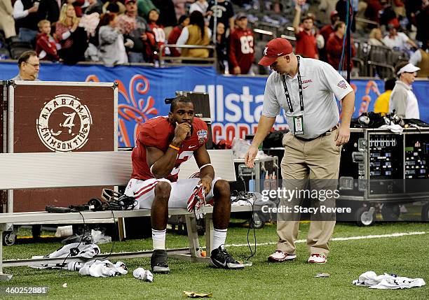 Kevin Norwood of the Alabama Crimson Tide sits on the bench after losing to the Oklahoma Sooners 45-31 in the Allstate Sugar Bowl at the...