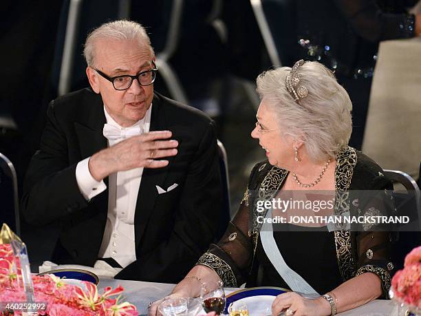 French 2014 Nobel Literature laureate Patrick Modiano speaks with Princess Christina, Mrs Magnuson during the traditional Nobel Prize banquet at the...