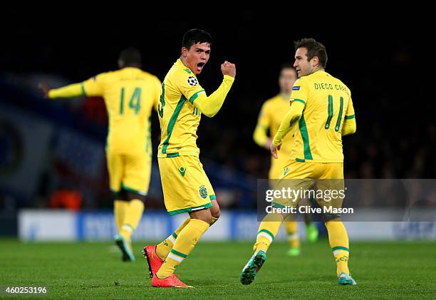 Jonathan Silva of Sporting Lisbon celebrates after scoring his team's first goal during the UEFA Champions League group G match between Chelsea and...