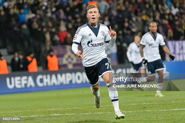 Schalke's midfielder Max Meyer celebrates after scoring a goal during the UEFA Champions League Group G football match between NK Maribor and FC...