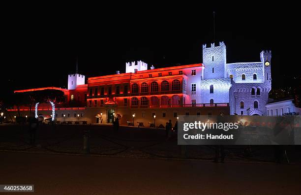 In this handout image provided by Monaco Centre de Presse, The Palace of Monaco is lit up as Princess Charlene Of Monaco And Prince Albert II Of...