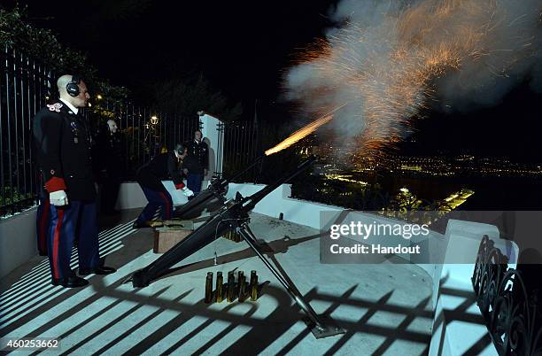 In this handout image provided by Monaco Centre de Presse, Canon's fire at the Palace of Monaco as Princess Charlene Of Monaco And Prince Albert II...