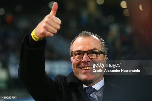 Schalke CEO Clemens Toennies reacts prior to the UEFA Group G Champions League match between NK Maribor and FC Schalke 04 at Ljudski vrt Stadium on...